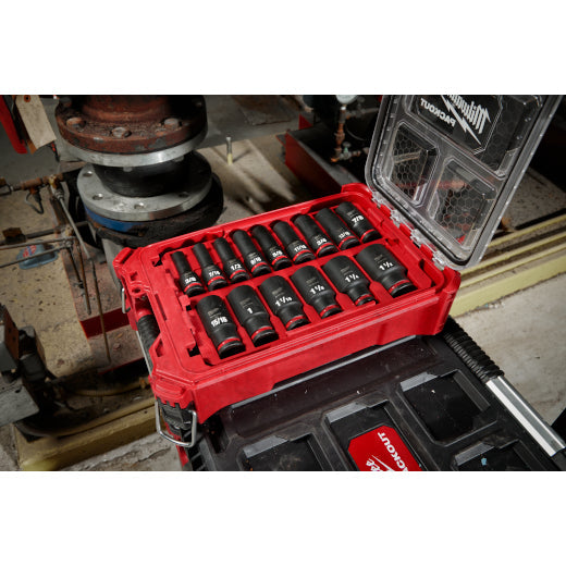 Juego de vasos de impacto SHOCKWAVE de Milwaukee 49-66-6802, cuadrante de 1/2", 15 piezas, SAE, PACKOUT