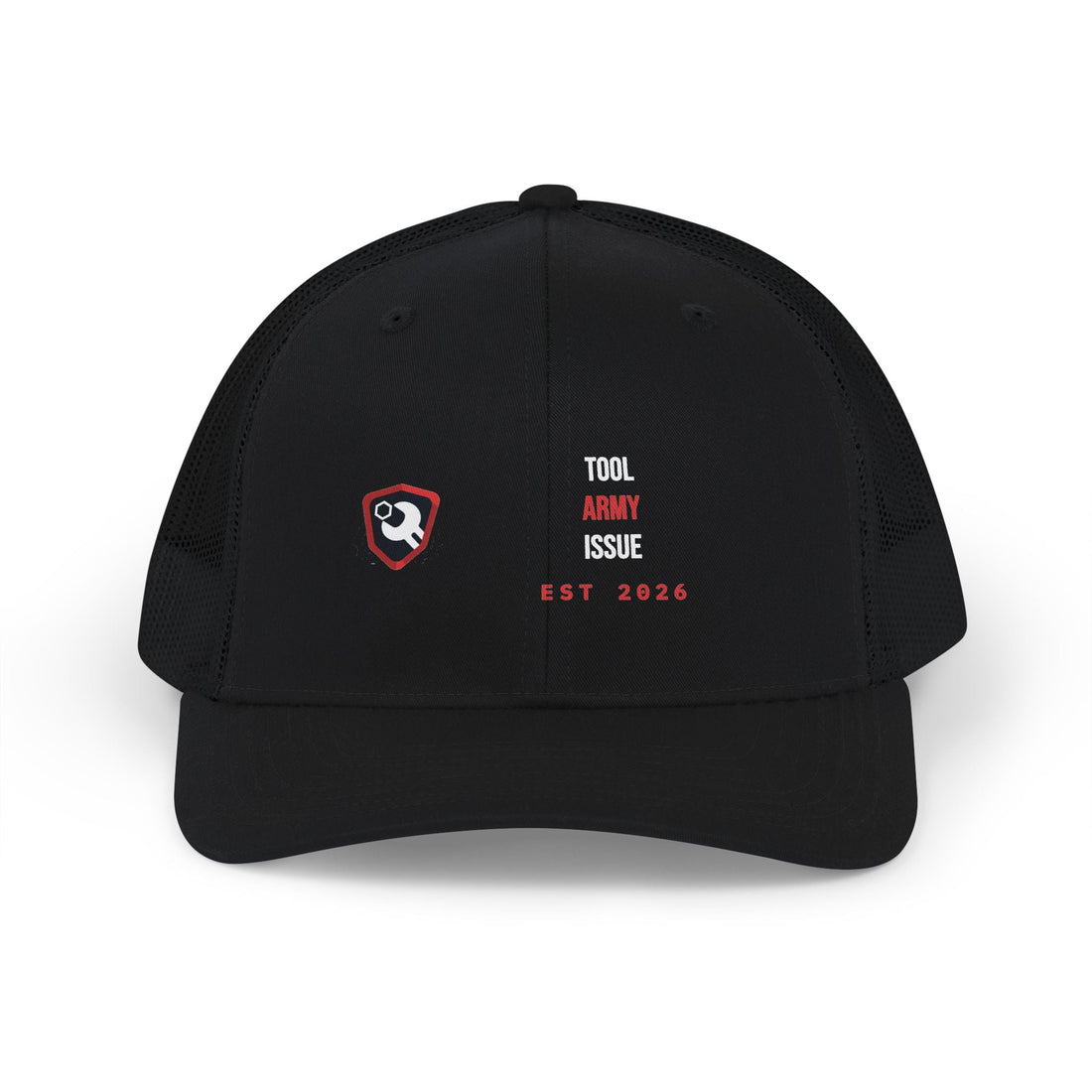 Mesh-back trucker cap with structured front panels and snapback closure