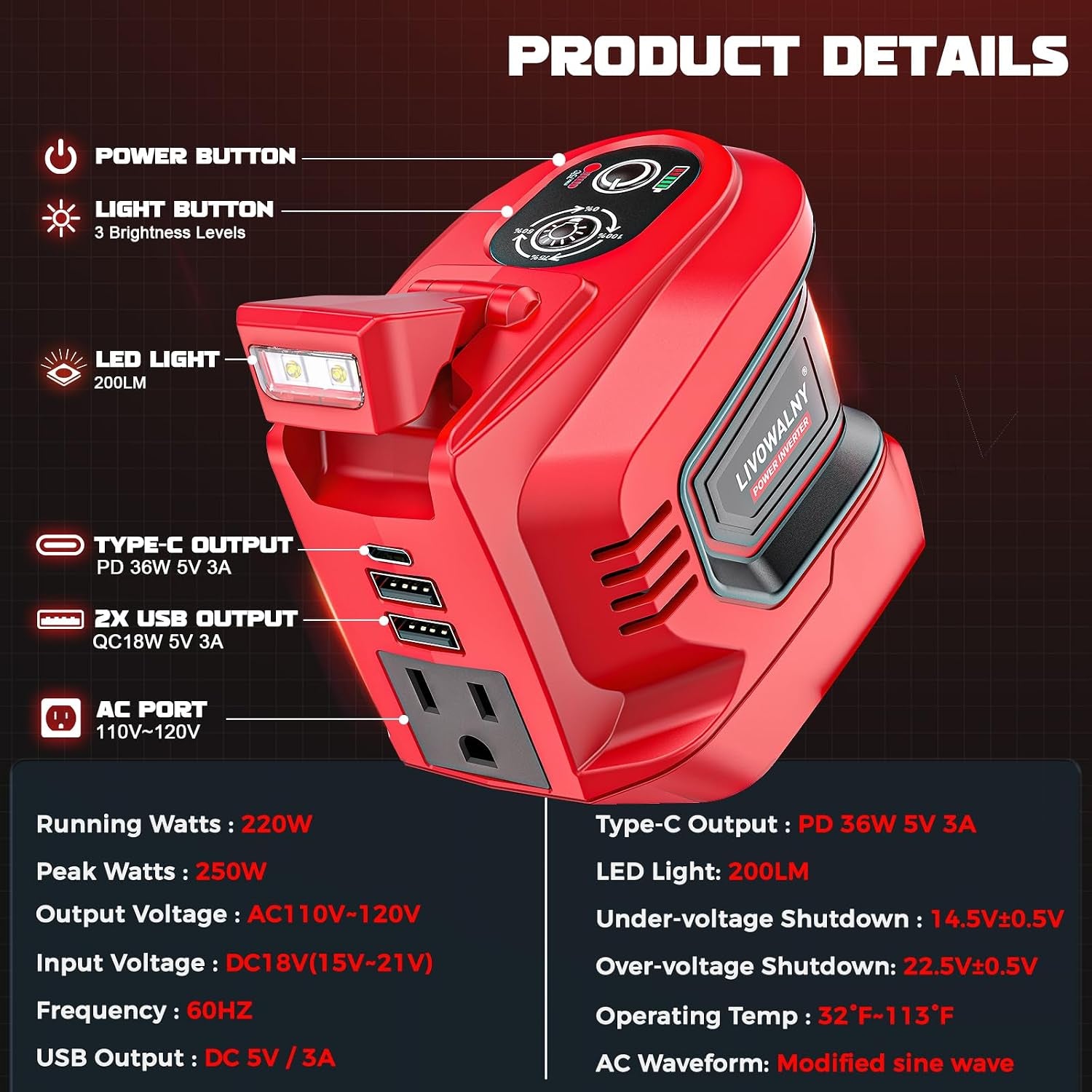 220-250W Power Inverter Compatible with Milwaukee 18V Battery - DC 18V to AC 110-120V Power Station with 1 AC Outlet - 2 USB 1 Type-C & LED Light for Camping Power Outage - Tool Only