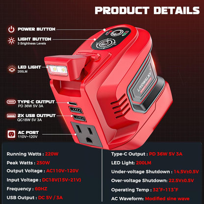 220-250W Power Inverter Compatible with Milwaukee 18V Battery - DC 18V to AC 110-120V Power Station with 1 AC Outlet - 2 USB 1 Type-C & LED Light for Camping Power Outage - Tool Only