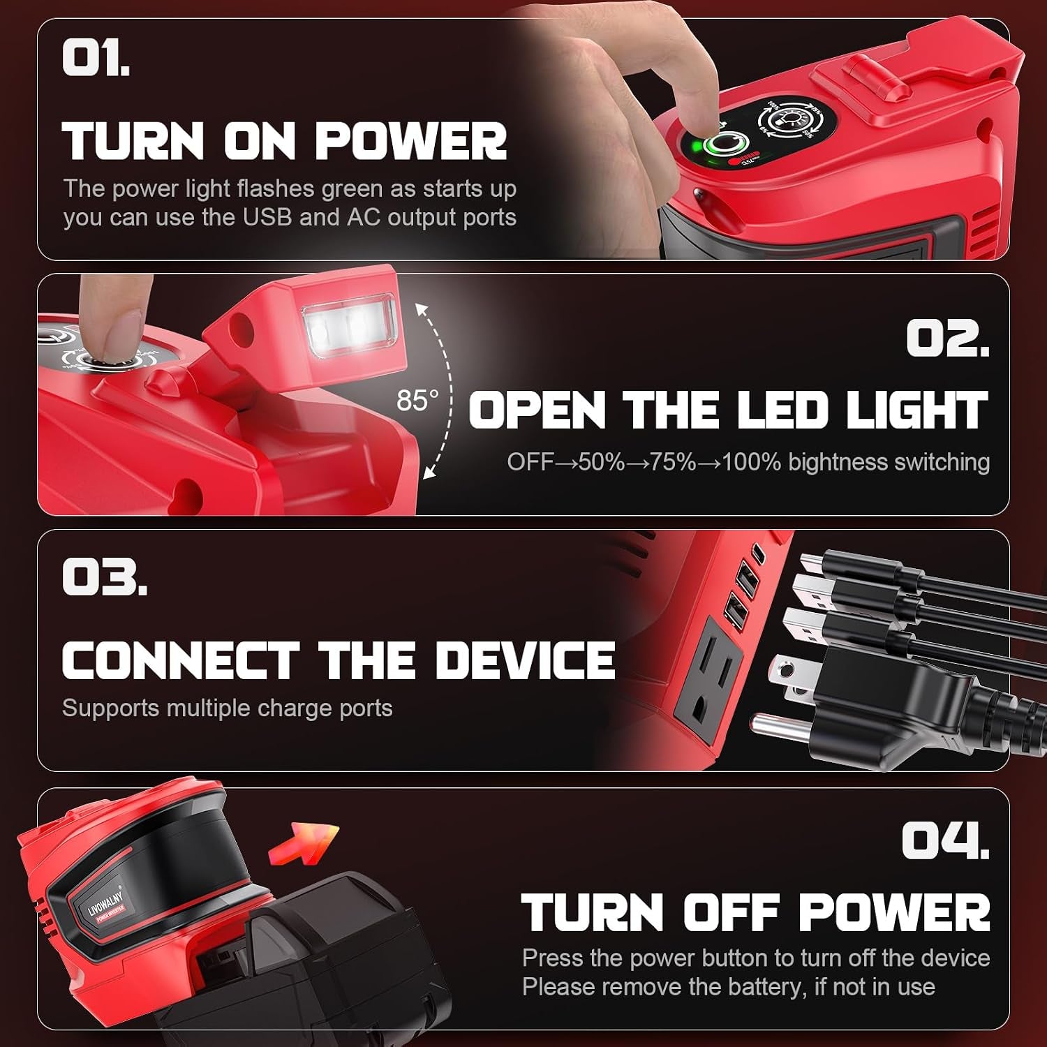 220-250W Power Inverter Compatible with Milwaukee 18V Battery - DC 18V to AC 110-120V Power Station with 1 AC Outlet - 2 USB 1 Type-C & LED Light for Camping Power Outage - Tool Only