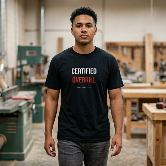 Male model in workshop wearing the tee