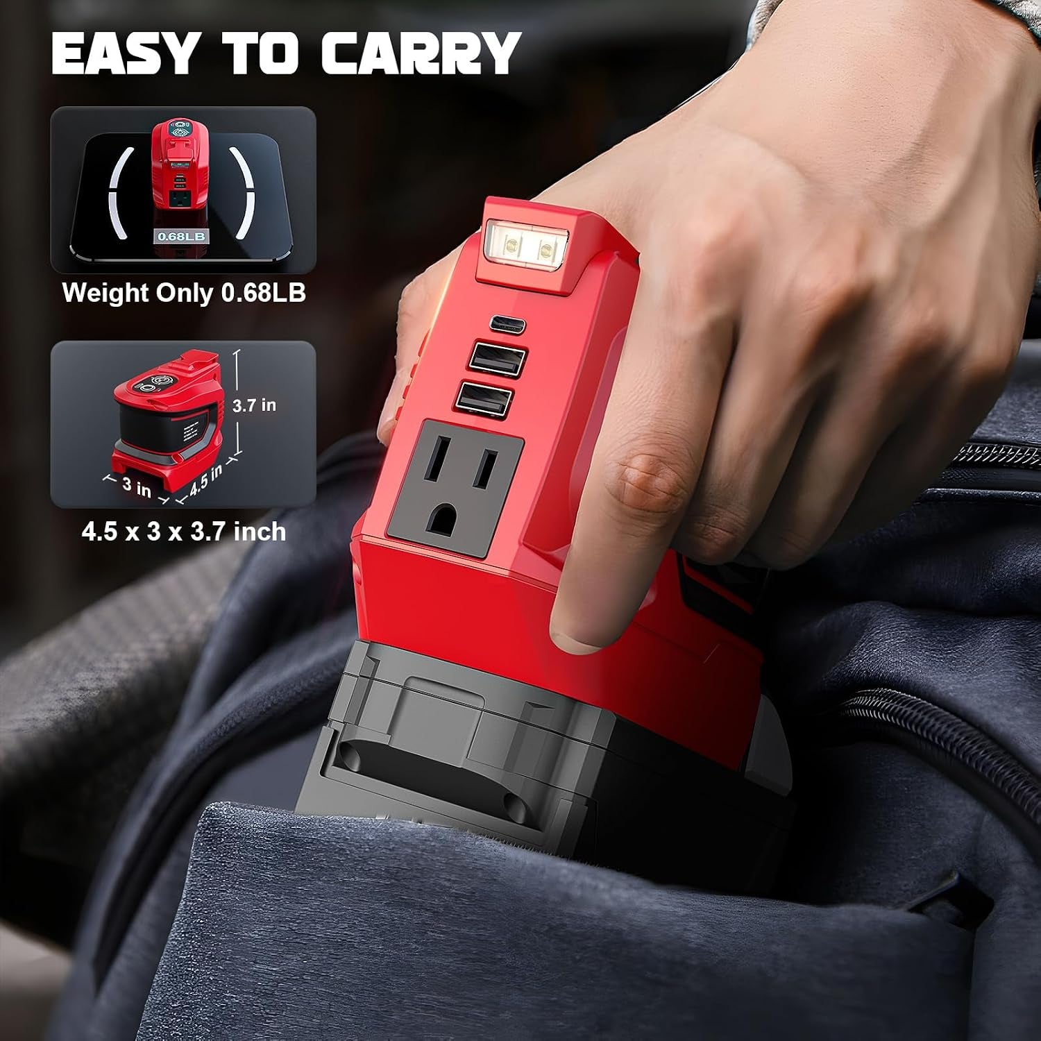 220-250W Power Inverter Compatible with Milwaukee 18V Battery - DC 18V to AC 110-120V Power Station with 1 AC Outlet - 2 USB 1 Type-C & LED Light for Camping Power Outage - Tool Only