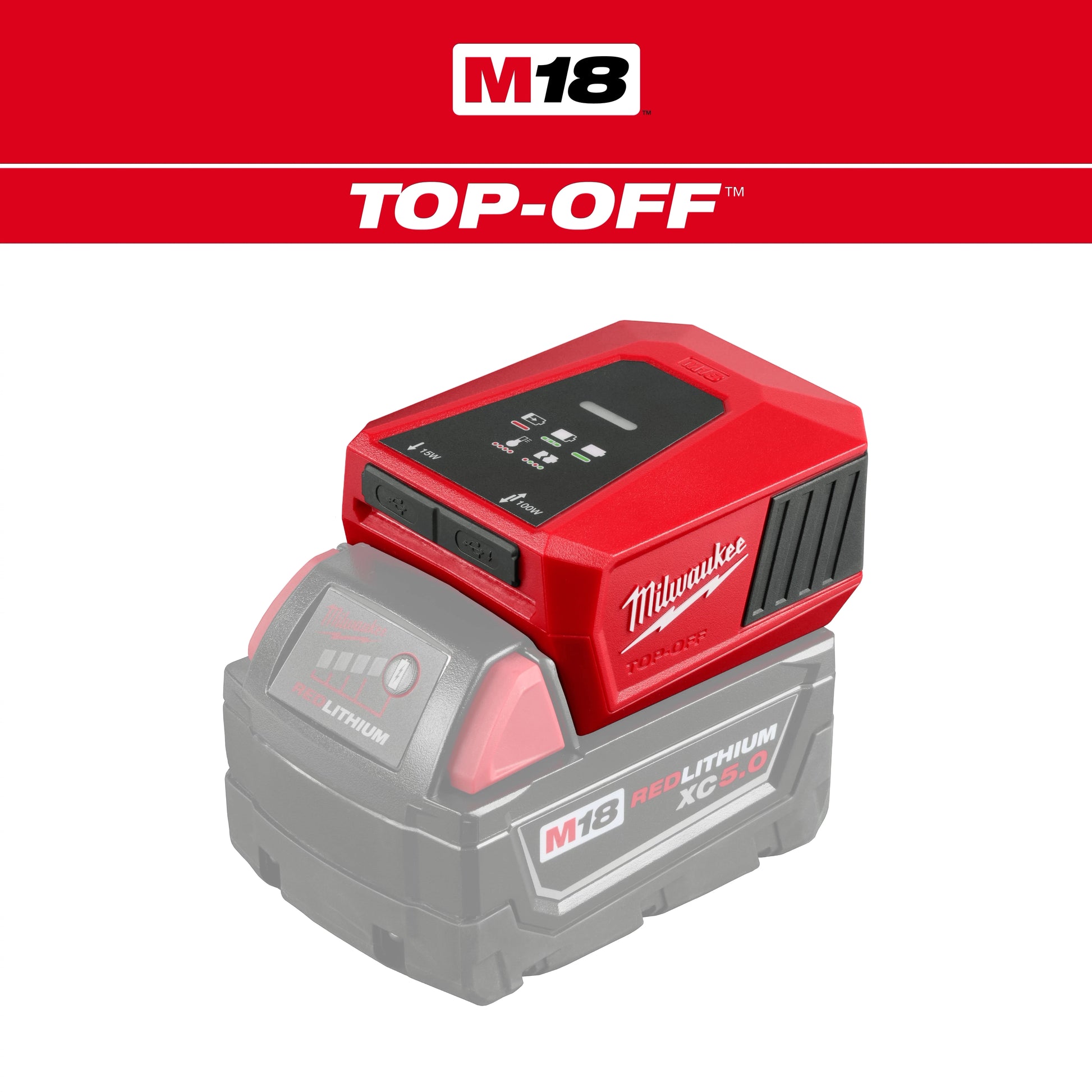 Milwaukee M18 TOP-OFF Charger & Power Supply mounted on an M18 REDLITHIUM battery