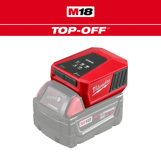 Milwaukee M18 TOP-OFF Charger & Power Supply mounted on an M18 REDLITHIUM battery