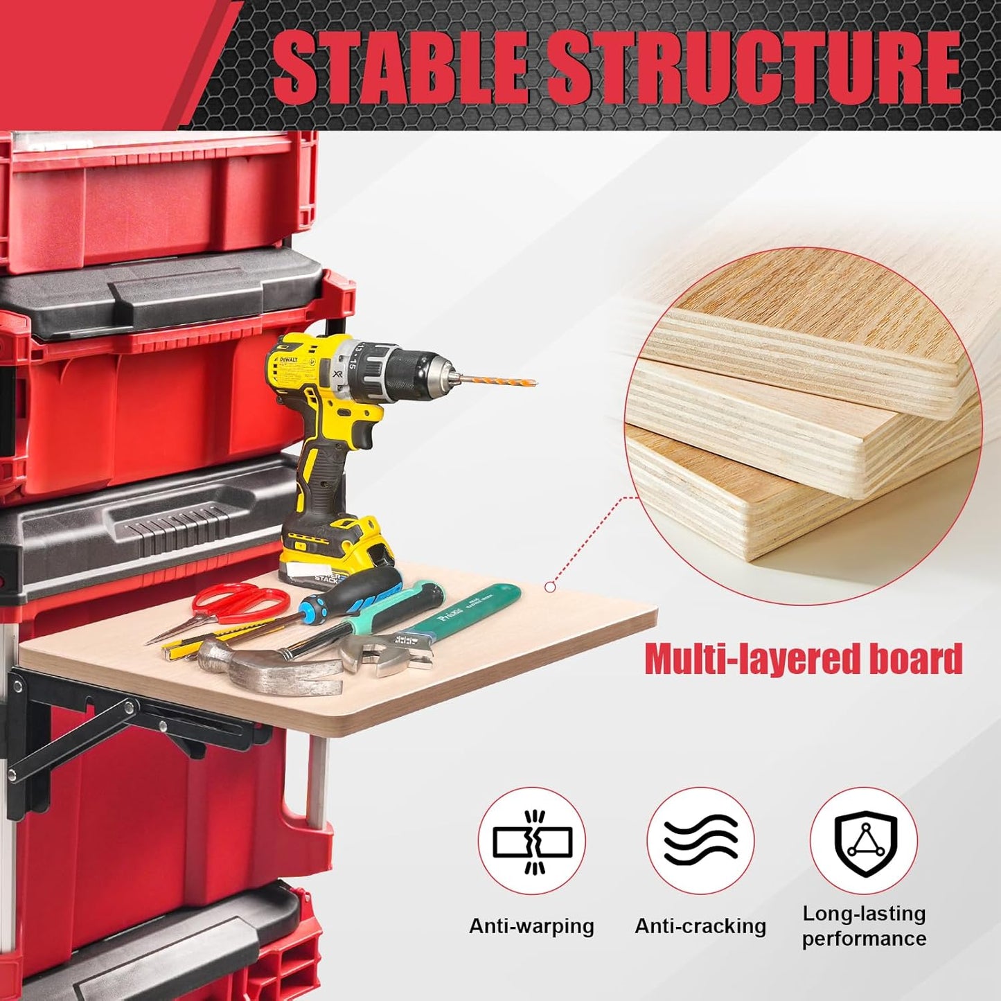 Heavy Duty Foldable Work Table Compatible with Milwaukee Packout Toolbox,Side Storage for Your Packout System，Wood