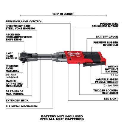 Milwaukee 2560-20 M12 FUEL Llave de carraca de alcance extendido de 3/8 pulg.