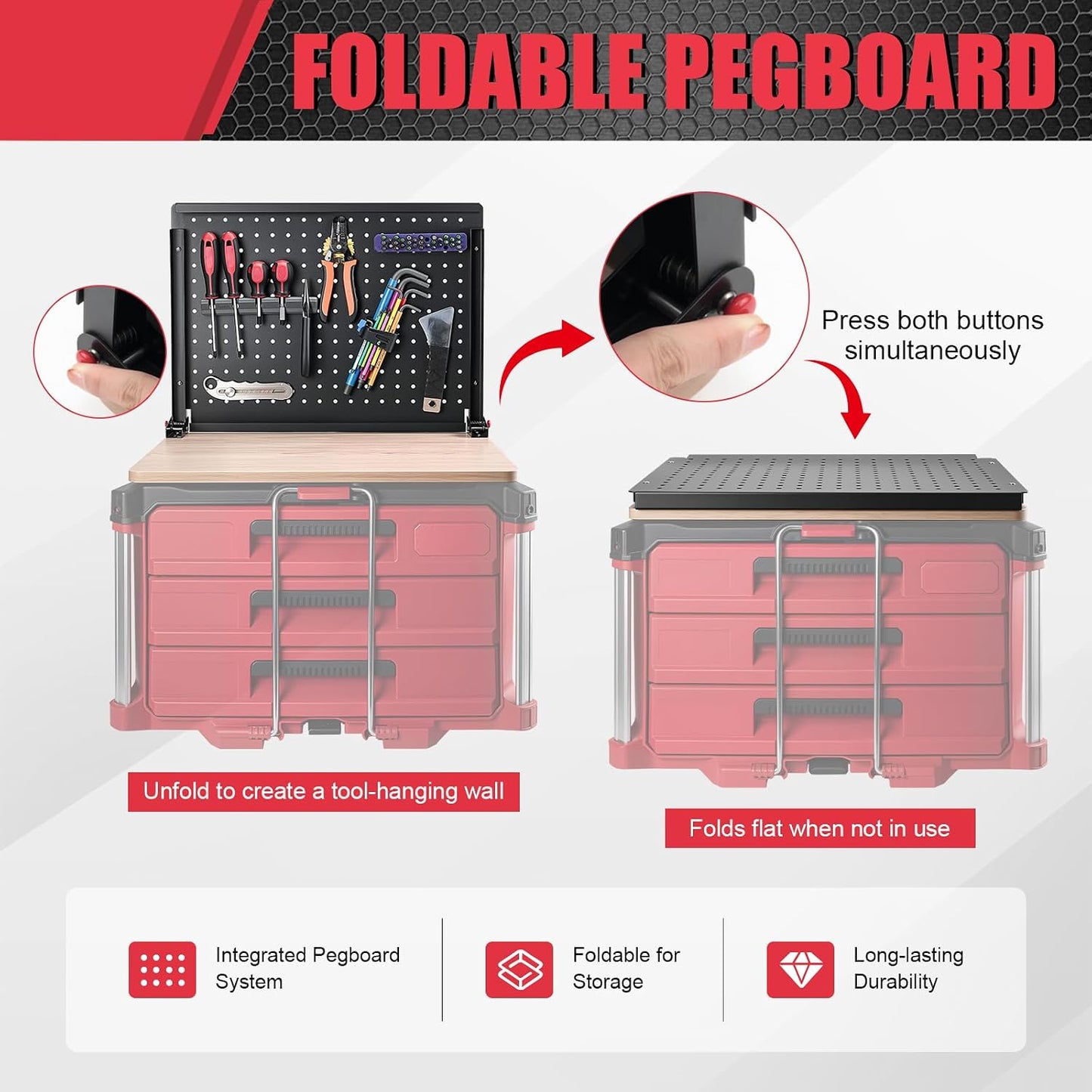 Heavy Duty Foldable Workbench Compatible with Milwaukee Packout System, Mobile Workstation with Integrated Pegboard Tool Storage & Wooden Work Surface for Rolling Tool Boxes