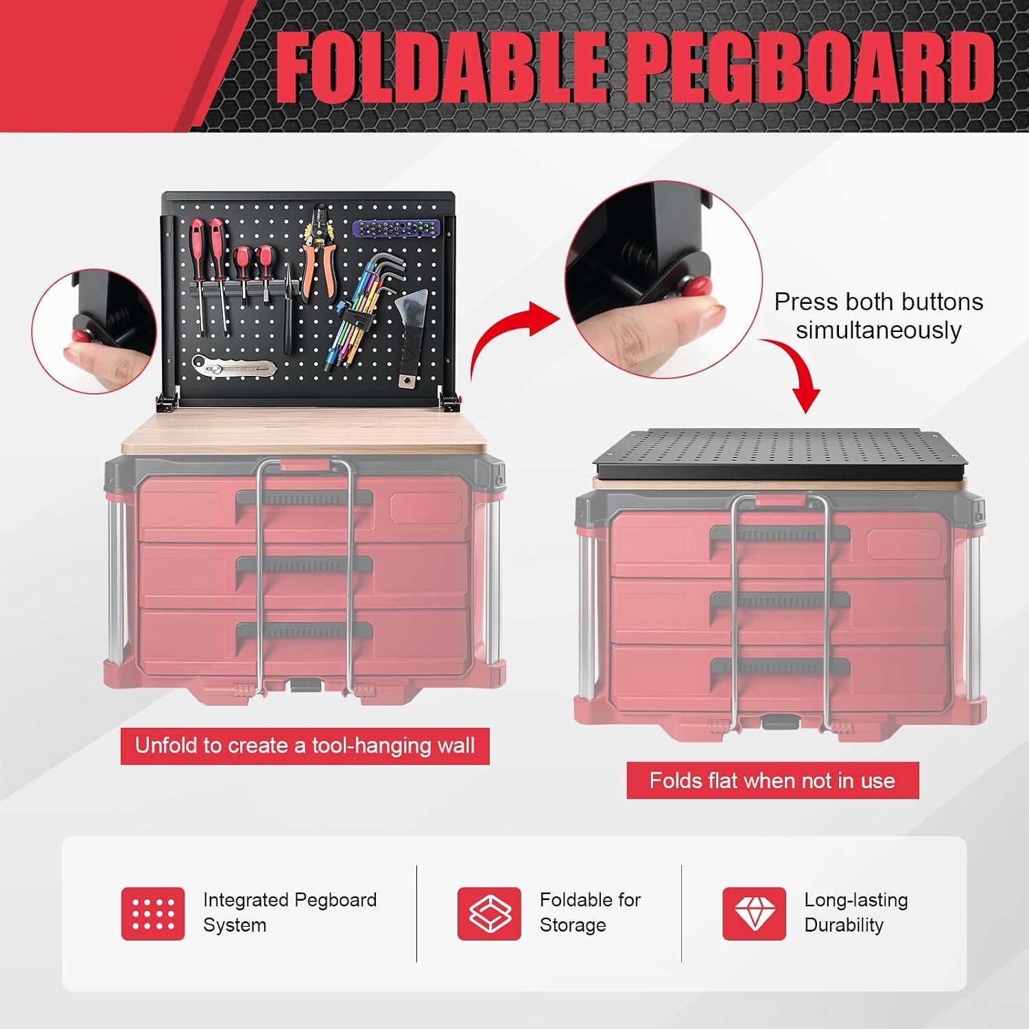 Heavy Duty Foldable Workbench Compatible with Milwaukee Packout System, Mobile Workstation with Integrated Pegboard Tool Storage & Wooden Work Surface for Rolling Tool Boxes