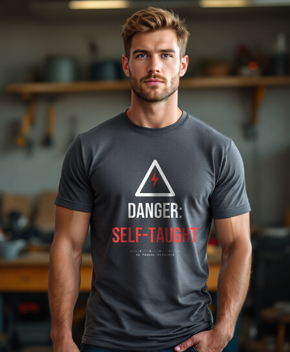 Danger: Self-Taught — worn by a model (Tool Army) — Charcoal