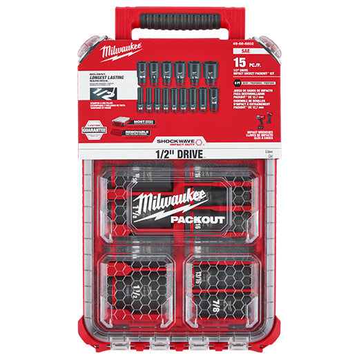 Juego de vasos de impacto SHOCKWAVE de Milwaukee 49-66-6802, cuadrante de 1/2", 15 piezas, SAE, PACKOUT