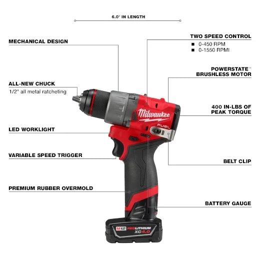 Taladro Percutor/Atornillador M12 FUEL de 1/2" Modelo 3404-22 de Milwaukee