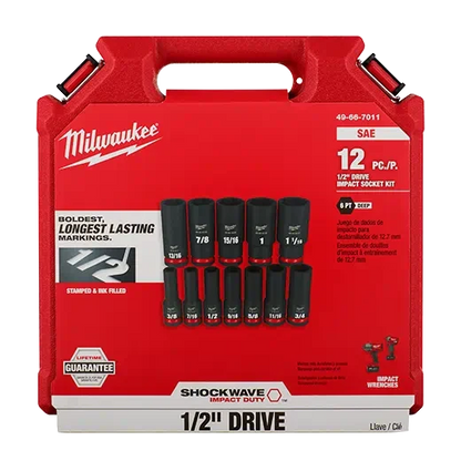 Milwaukee 49-66-7011 Juego de 12 dados de impacto SHOCKWAVE de 1/2" de profundidad y 6 puntas SAE