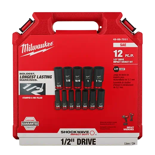 Milwaukee 49-66-7011 12PCSHOCKWAVE Impact Duty 1/2" Drive SAE Deep 6 Point Socket Set