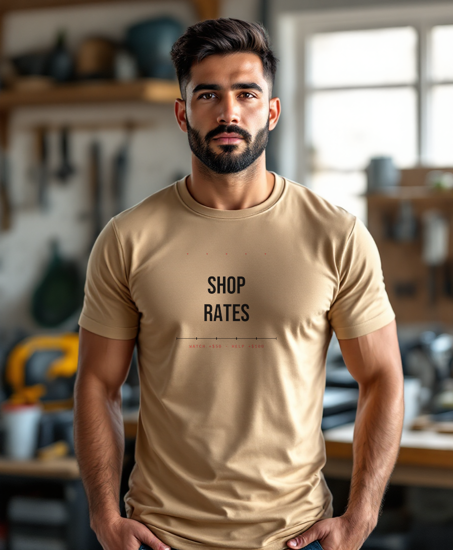 Shop Rates — worn by a model (Tool Army) — Sand