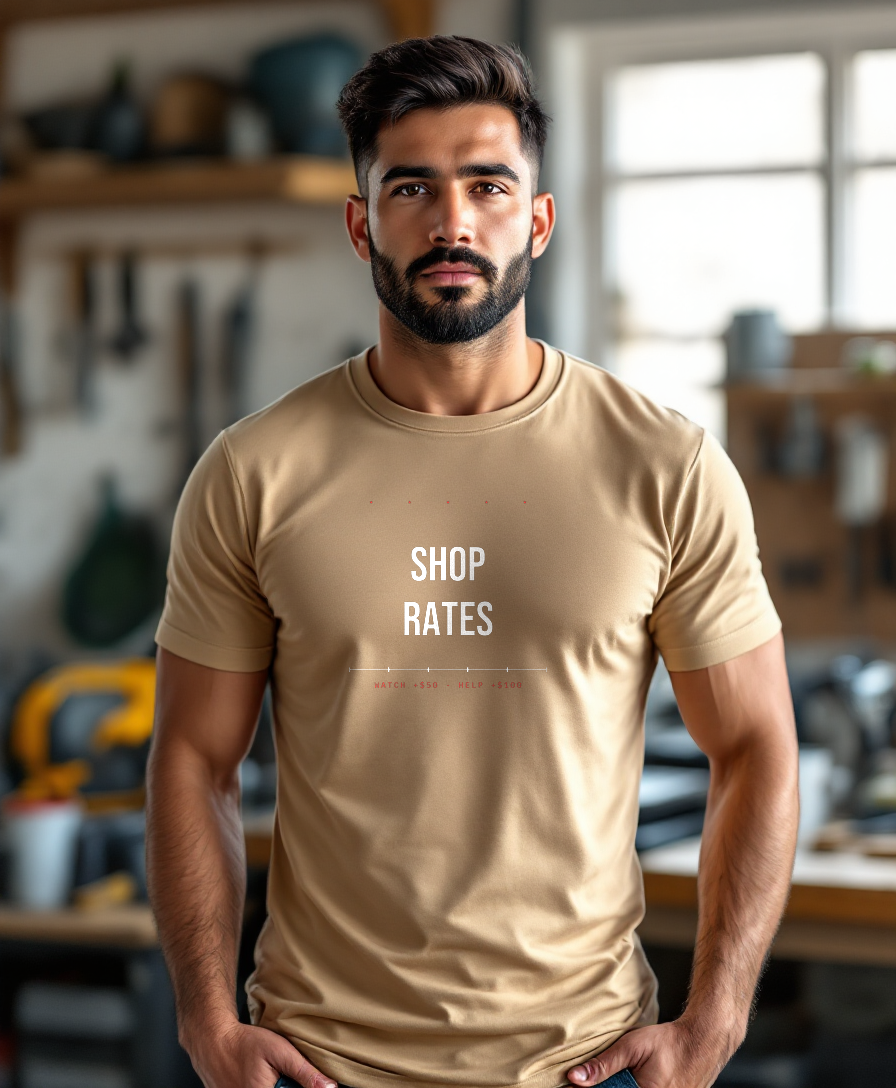 Shop Rates — worn by a model (Tool Army) — Sand