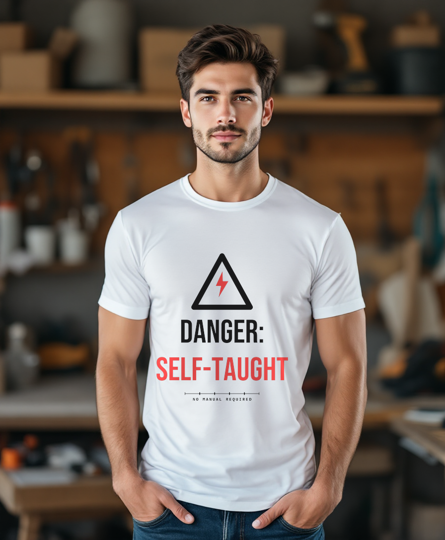 Danger: Self-Taught — worn by a model (Tool Army) — White