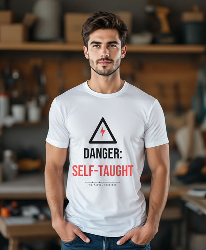 Danger: Self-Taught — worn by a model (Tool Army) — White