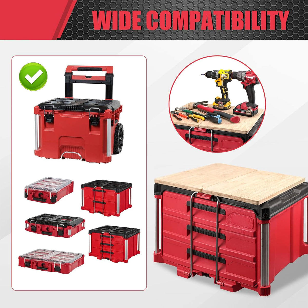 2 Pack Tables Fits for Milwaukee Packout Rolling Tool Box,Packout 2 & 3-Drawer Organizer,Heavy-Duty Work Surface with Mounting Feet, No-Drill Installation for Packout Accessories