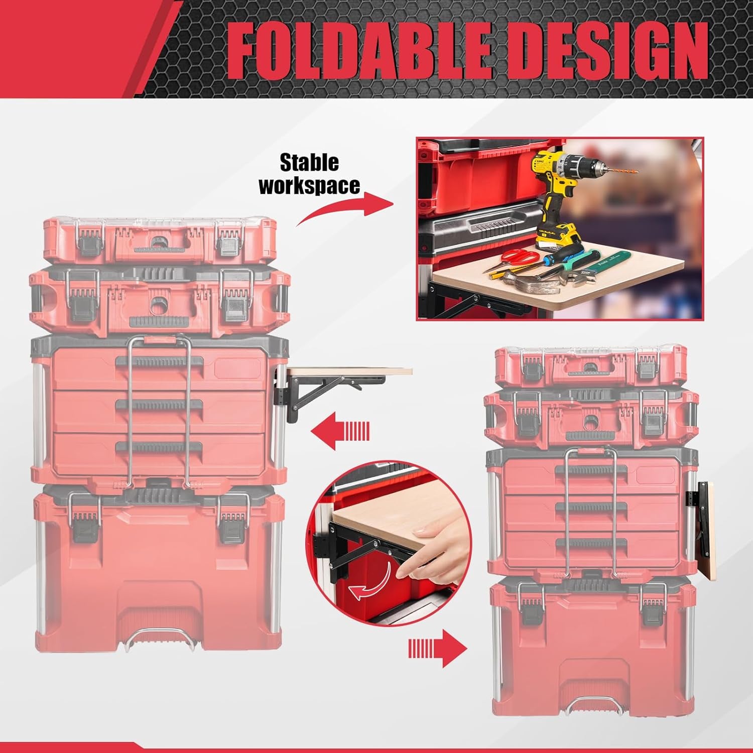 Heavy Duty Foldable Work Table Compatible with Milwaukee Packout Toolbox,Side Storage for Your Packout System，Wood