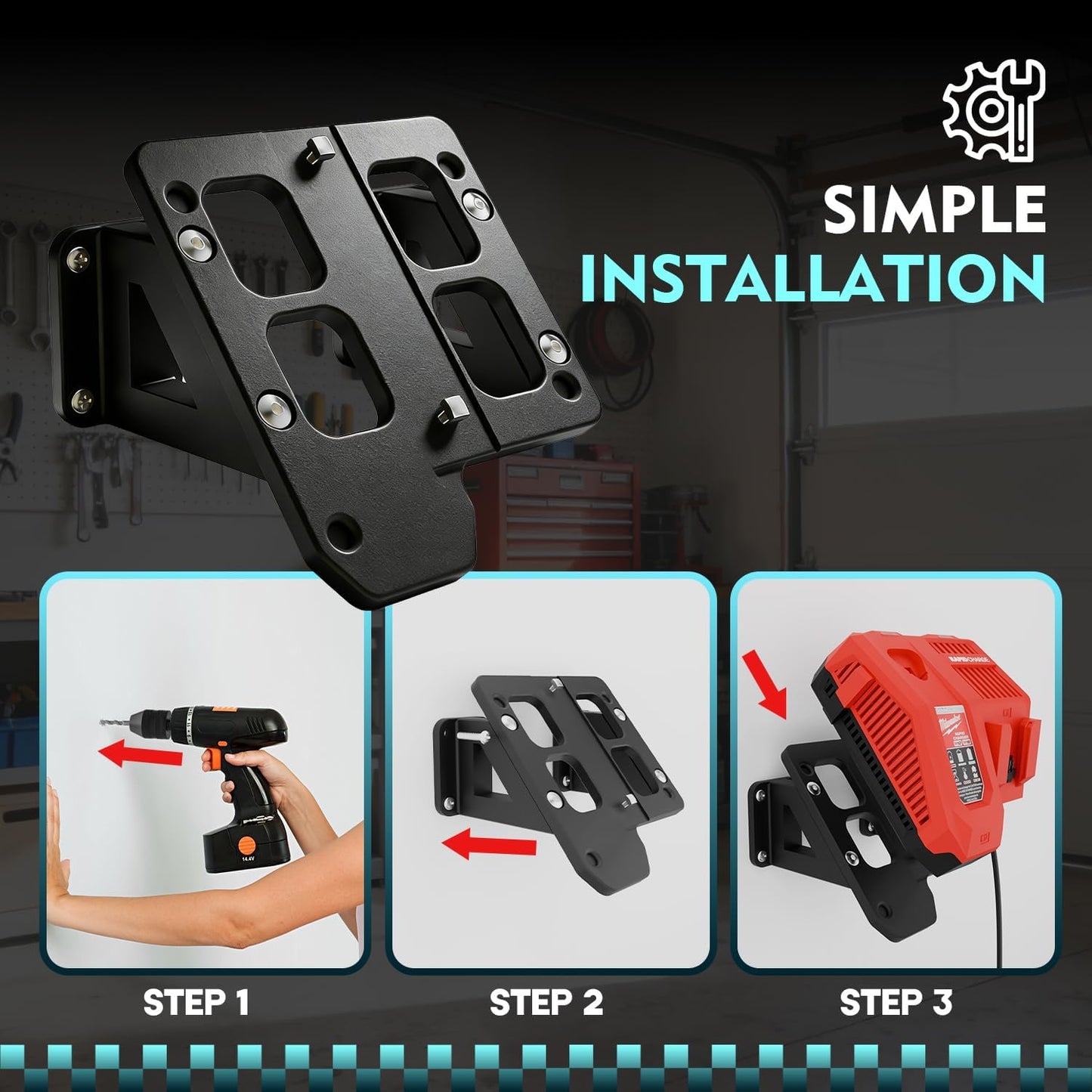 Wall-Mount Bracket for Milwaukee M12 & M18 Chargers — Black