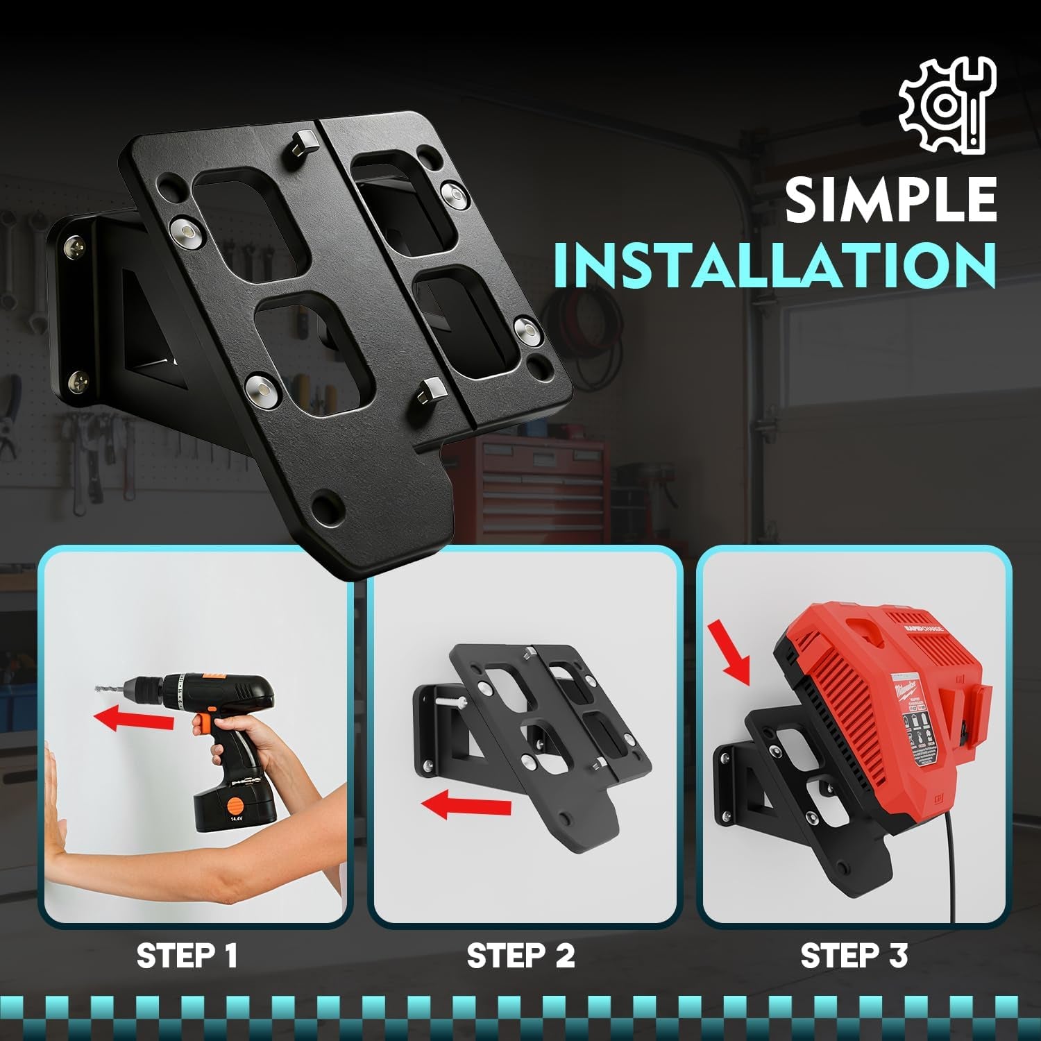 Wall-Mount Bracket for Milwaukee M12 & M18 Chargers — Black