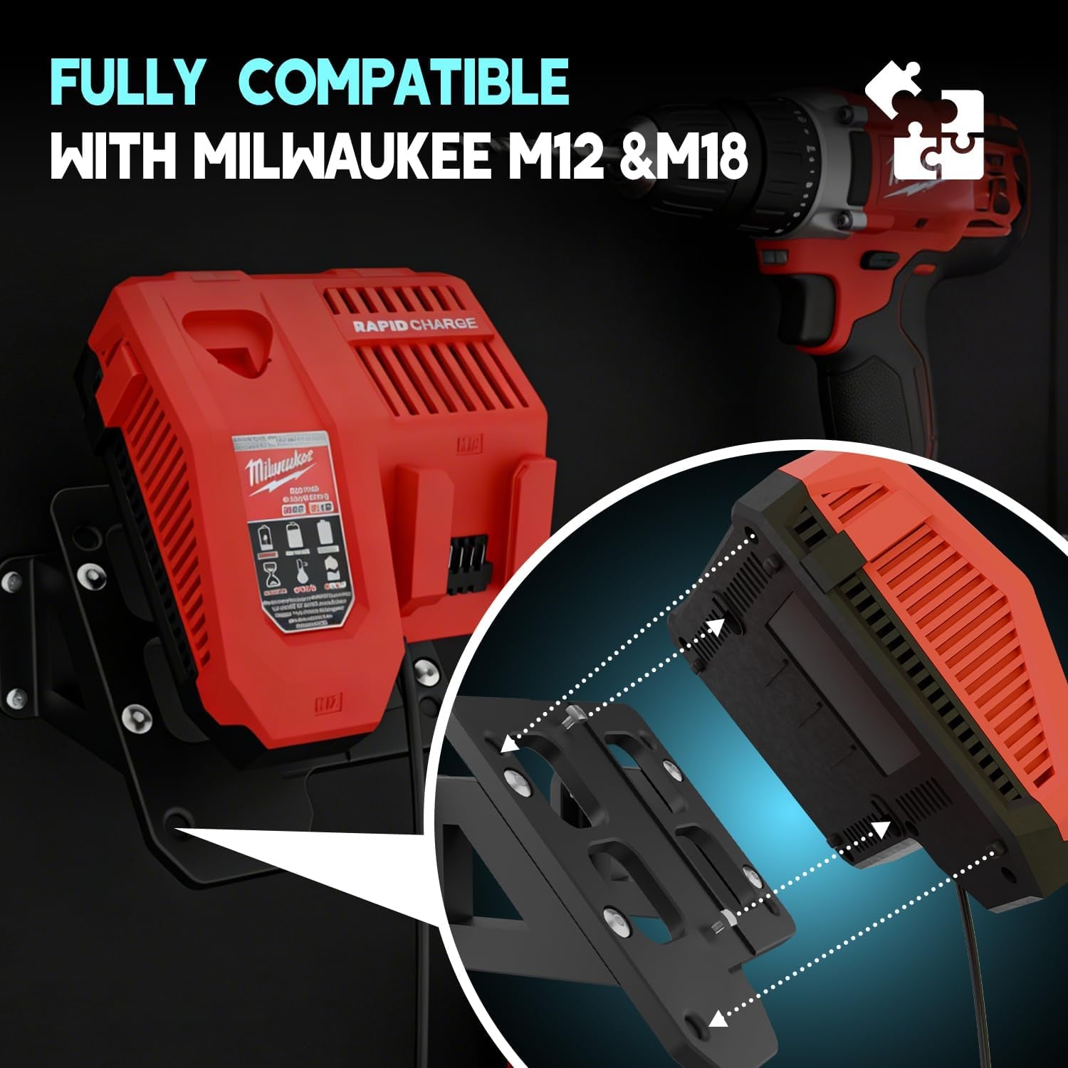 Wall-Mount Bracket for Milwaukee M12 & M18 Chargers — Black