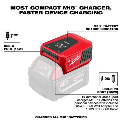 Milwaukee M18 TOP-OFF ports: 15W USB-C, 100W USB-C PD, and M18 battery charge indicator
