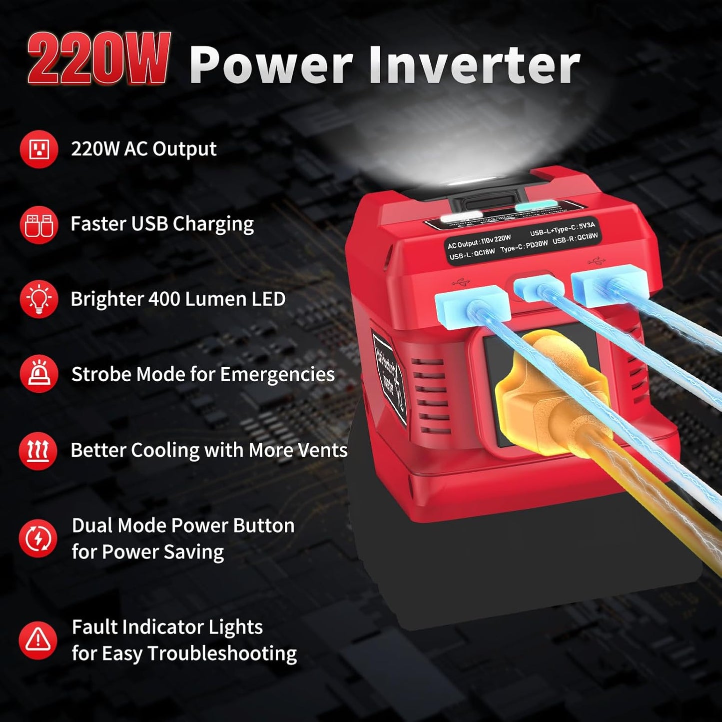 220W Power Inverter Compatible with Milwaukee M18 Battery
