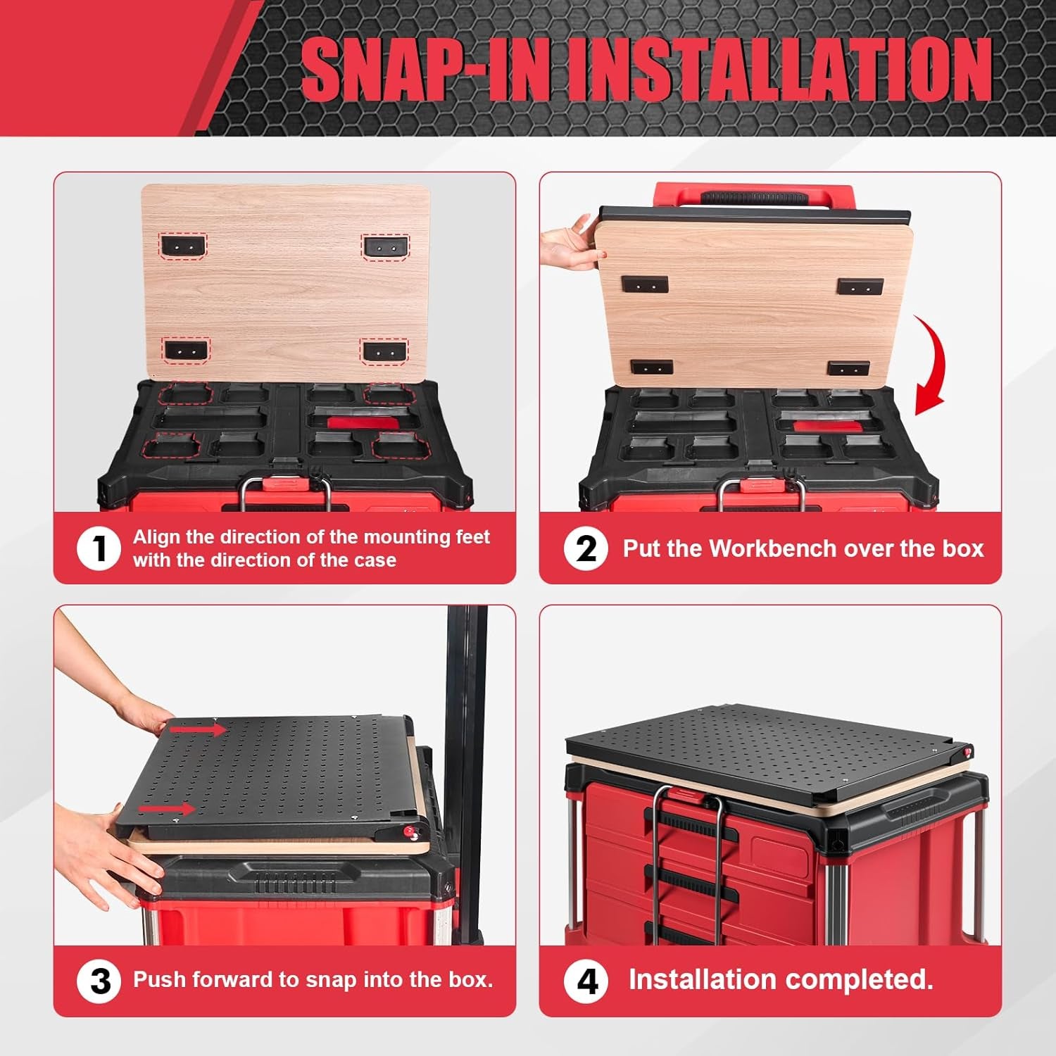 Heavy Duty Foldable Workbench Compatible with Milwaukee Packout System, Mobile Workstation with Integrated Pegboard Tool Storage & Wooden Work Surface for Rolling Tool Boxes