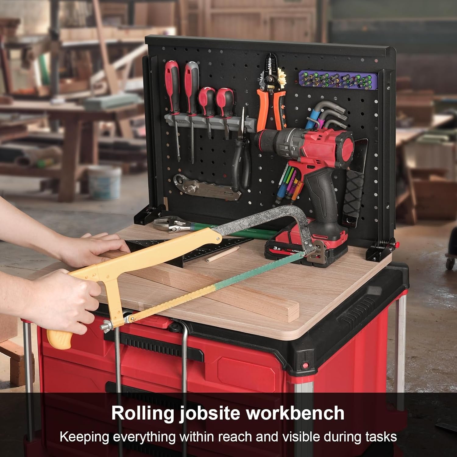 Heavy Duty Foldable Workbench Compatible with Milwaukee Packout System, Mobile Workstation with Integrated Pegboard Tool Storage & Wooden Work Surface for Rolling Tool Boxes