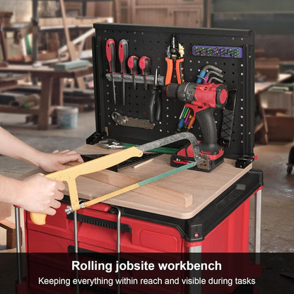 Heavy Duty Foldable Workbench Compatible with Milwaukee Packout System, Mobile Workstation with Integrated Pegboard Tool Storage & Wooden Work Surface for Rolling Tool Boxes