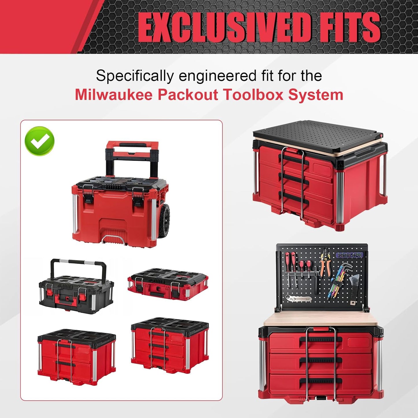 Heavy Duty Foldable Workbench Compatible with Milwaukee Packout System, Mobile Workstation with Integrated Pegboard Tool Storage & Wooden Work Surface for Rolling Tool Boxes