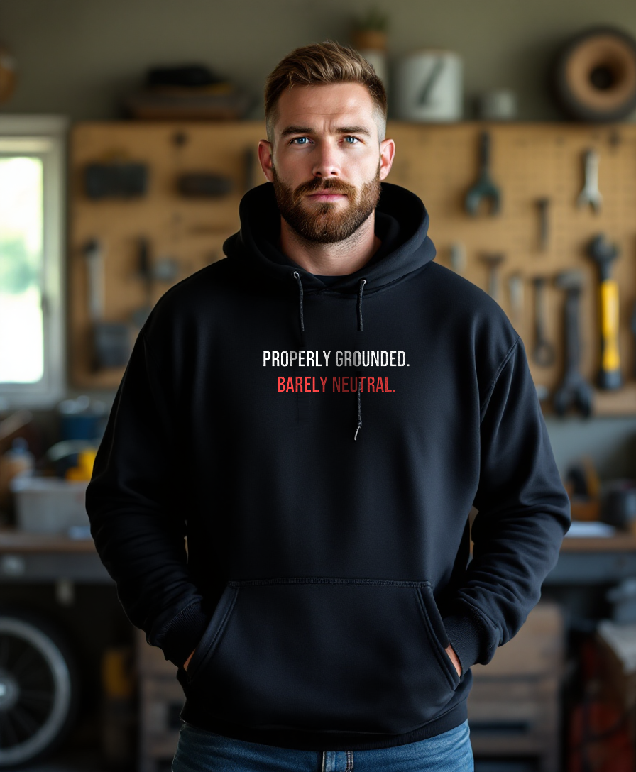 Properly Grounded. Barely Neutral. — Heavyweight Hoodie — Tool Army — worn by a model (Tool Army) — Black