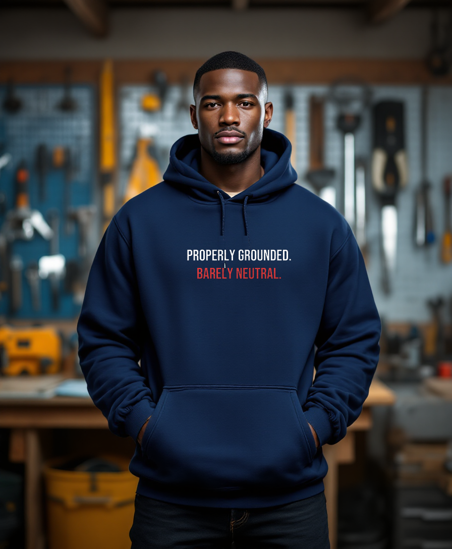 Properly Grounded. Barely Neutral. — Heavyweight Hoodie — Tool Army — worn by a model (Tool Army) — Classic Navy