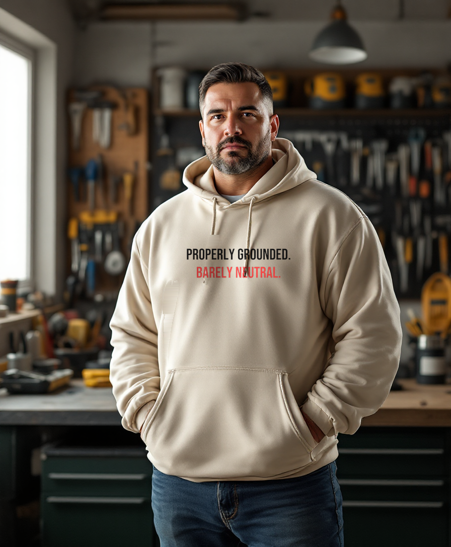 Properly Grounded. Barely Neutral. — Heavyweight Hoodie — Tool Army — worn by a model (Tool Army) — Bone