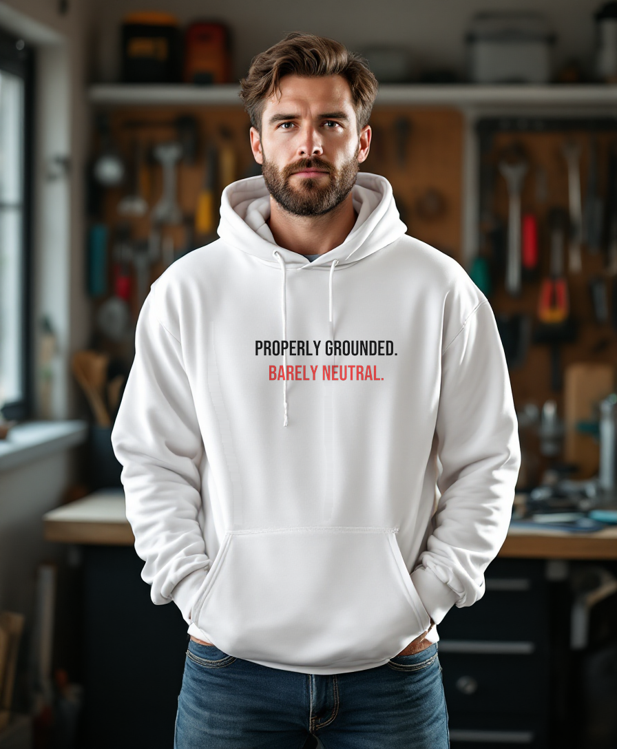 Properly Grounded. Barely Neutral. — Heavyweight Hoodie — Tool Army — worn by a model (Tool Army) — White