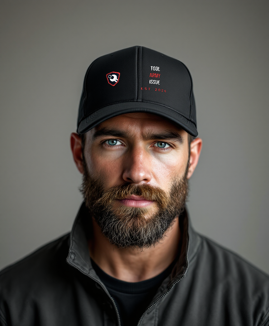 Tool Army Issue — Trucker Cap — Tool Army — worn by a model (Tool Army) — Black