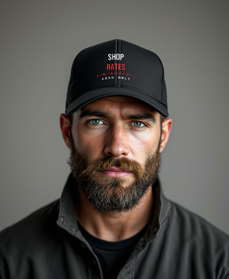 Shop Rates — Trucker Cap — Tool Army — worn by a model (Tool Army) — Black